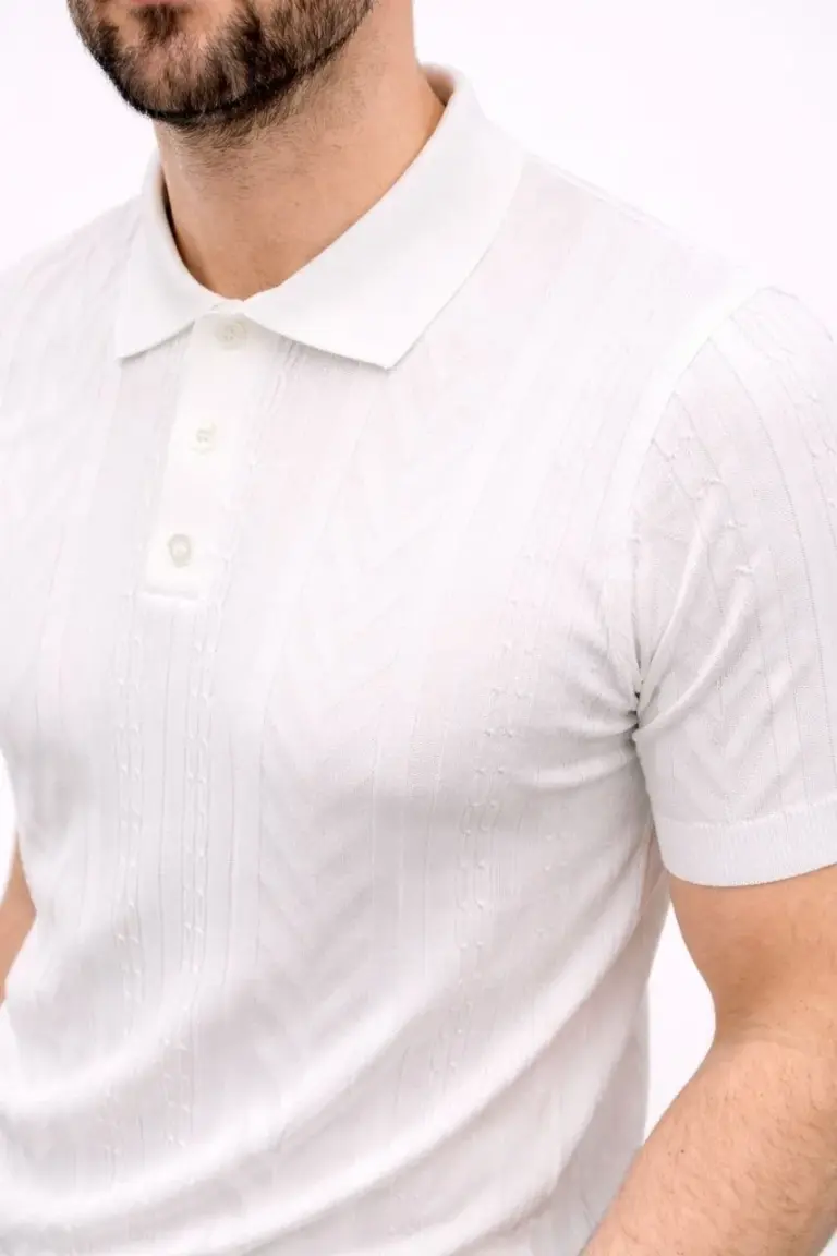 Yazlık Triko Tişört Kısa Kol Polo Yaka Düğmeli T-Shirt - Beyaz