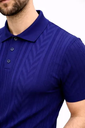Yazlık Triko Tişört Kısa Kol Polo Yaka Düğmeli T-Shirt - Lacivert