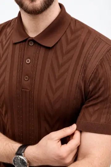 Yazlık Triko Tişört Kısa Kol Polo Yaka Düğmeli T-Shirt - Kahverengi