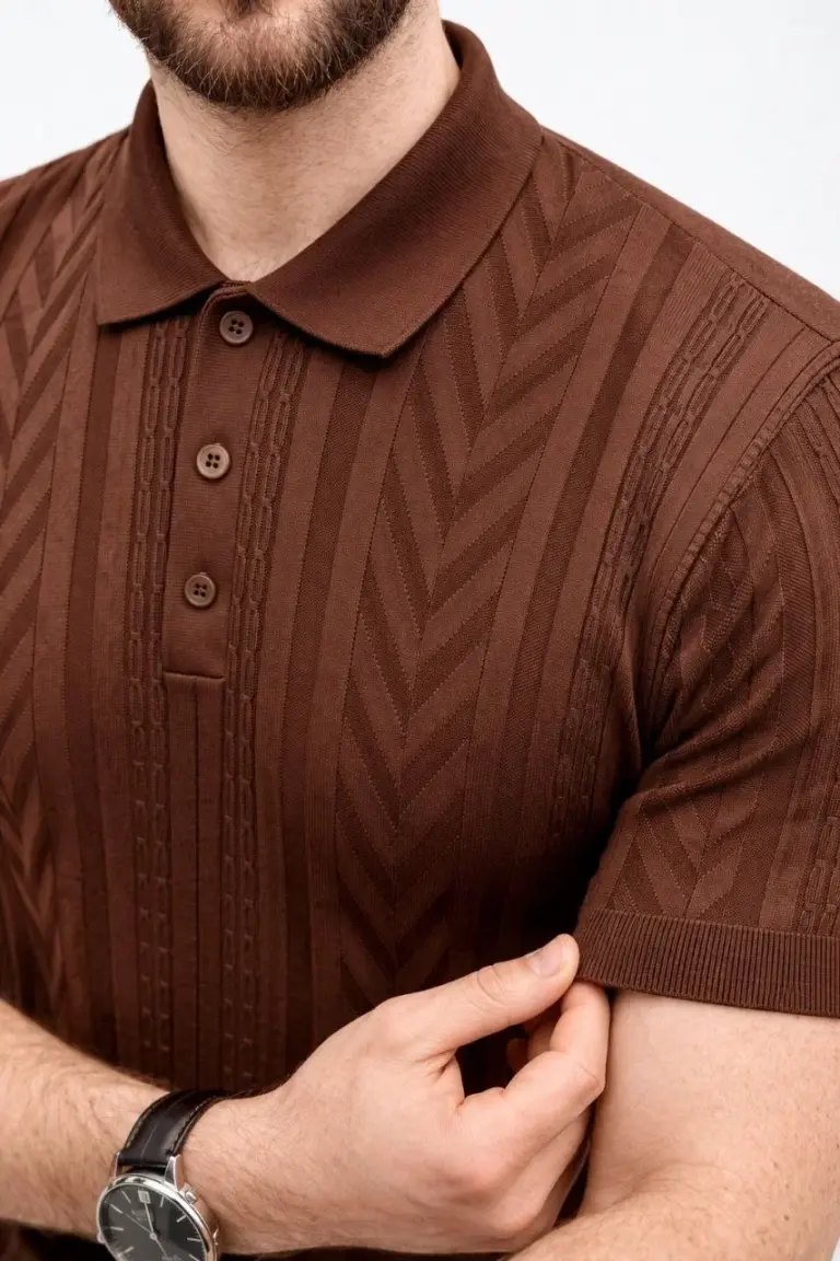 Yazlık Triko Tişört Kısa Kol Polo Yaka Düğmeli T-Shirt - Kahverengi