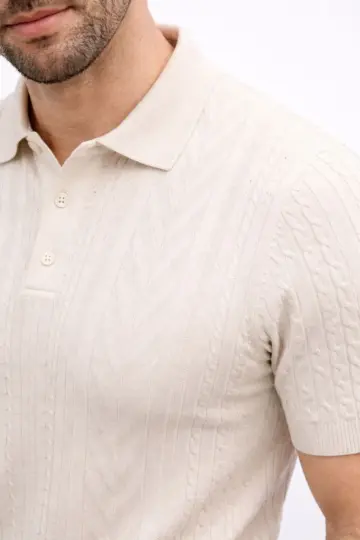 Yazlık Triko Tişört Kısa Kol Polo Yaka Düğmeli T-Shirt - Krem