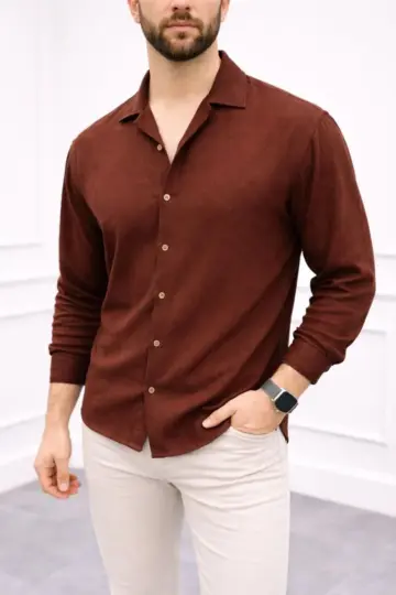 Aerobin Kumaş Oversize 4 Mevsim Uzun Kollu Rahat Kalıp Gömlek - Kahverengi