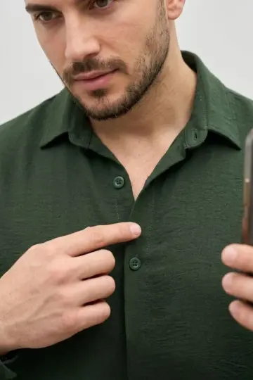 Aerobin Kumaş Oversize 4 Mevsim Uzun Kollu Rahat Kalıp Gömlek - Haki