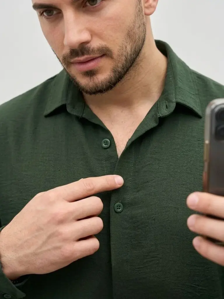 Aerobin Kumaş Oversize 4 Mevsim Uzun Kollu Rahat Kalıp Gömlek - Haki