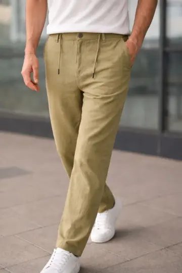 Keten Cepli Pantolon Lastikli Bel Bağcıklı Önden Fermuarlı - Mint Yeşili