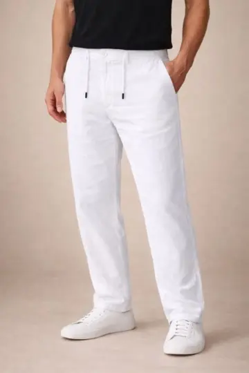 Keten Cepli Pantolon Lastikli Bel Bağcıklı Önden Fermuarlı - Beyaz