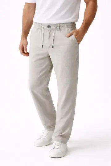 Keten Cepli Pantolon Lastikli Bel Bağcıklı Önden Fermuarlı - Gri