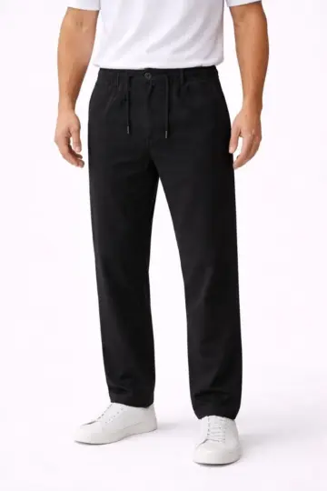 Keten Cepli Pantolon Lastikli Bel Bağcıklı Önden Fermuarlı - Siyah