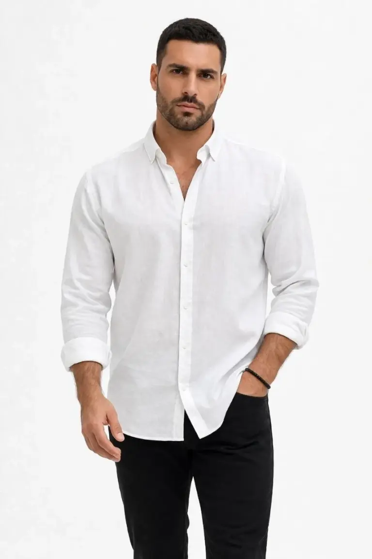 KETEN Kumaş Oversize Uzun Kollu Rahat Kalıp Gömlek - Beyaz