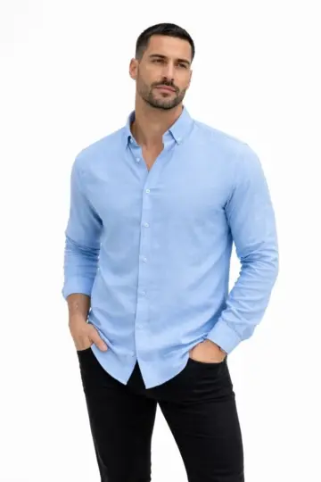 KETEN Kumaş Oversize Uzun Kollu Rahat Kalıp Gömlek - Açık Mavi