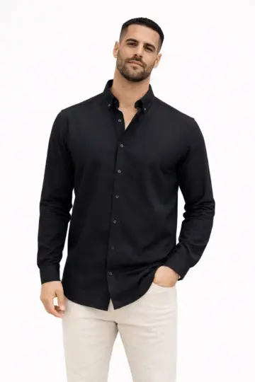 KETEN Kumaş Oversize Uzun Kollu Rahat Kalıp Gömlek - Siyah