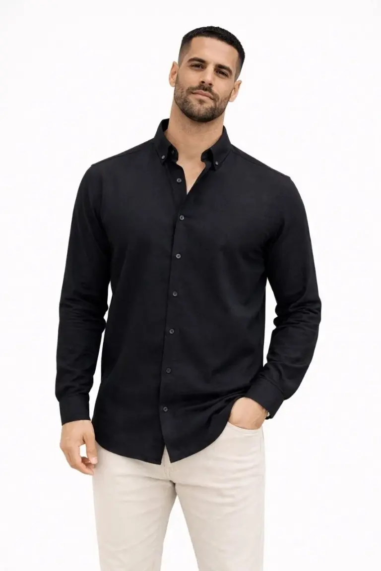 KETEN Kumaş Oversize Uzun Kollu Rahat Kalıp Gömlek - Siyah