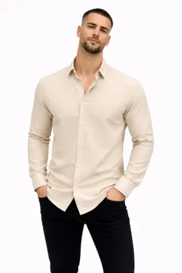 KETEN Kumaş Oversize Uzun Kollu Rahat Kalıp Gömlek - Bej