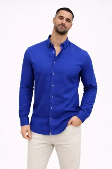 KETEN Kumaş Oversize Uzun Kollu Rahat Kalıp Gömlek - Saks Mavisi