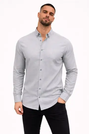 KETEN Kumaş Oversize Uzun Kollu Rahat Kalıp Gömlek - Boyalı Gri