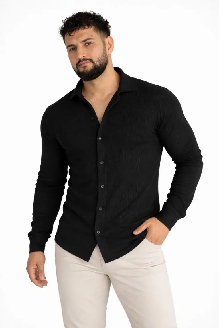Waffle Kumaş Uzun Kollu Düğmeli Açık Yaka Regular Fit Gömlek - Siyah