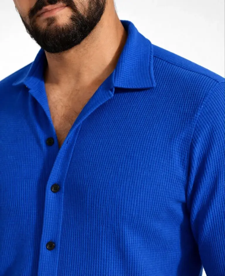 Waffle Kumaş Uzun Kollu Düğmeli Açık Yaka Regular Fit Gömlek - Saks Mavisi