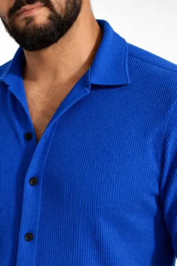 Waffle Kumaş Uzun Kollu Düğmeli Açık Yaka Regular Fit Gömlek - Saks Mavisi