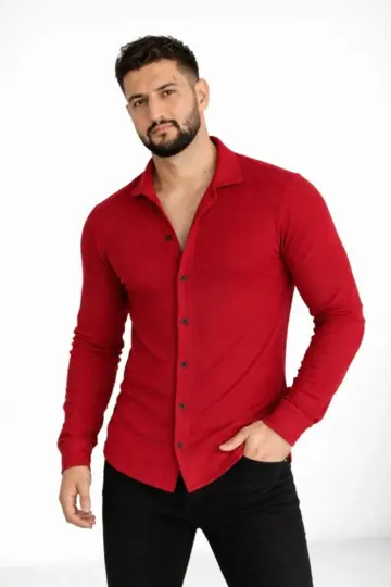 Waffle Kumaş Uzun Kollu Düğmeli Açık Yaka Regular Fit Gömlek - Kırmızı
