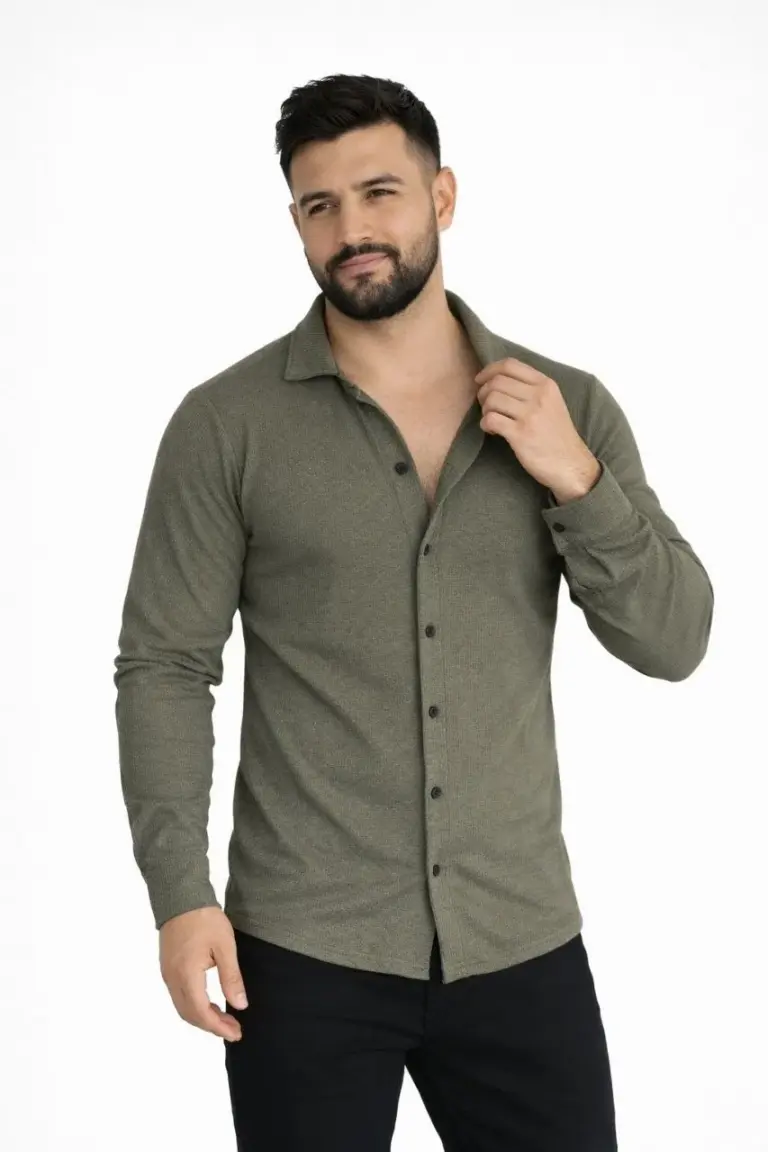 Waffle Kumaş Uzun Kollu Düğmeli Açık Yaka Regular Fit Gömlek - Haki