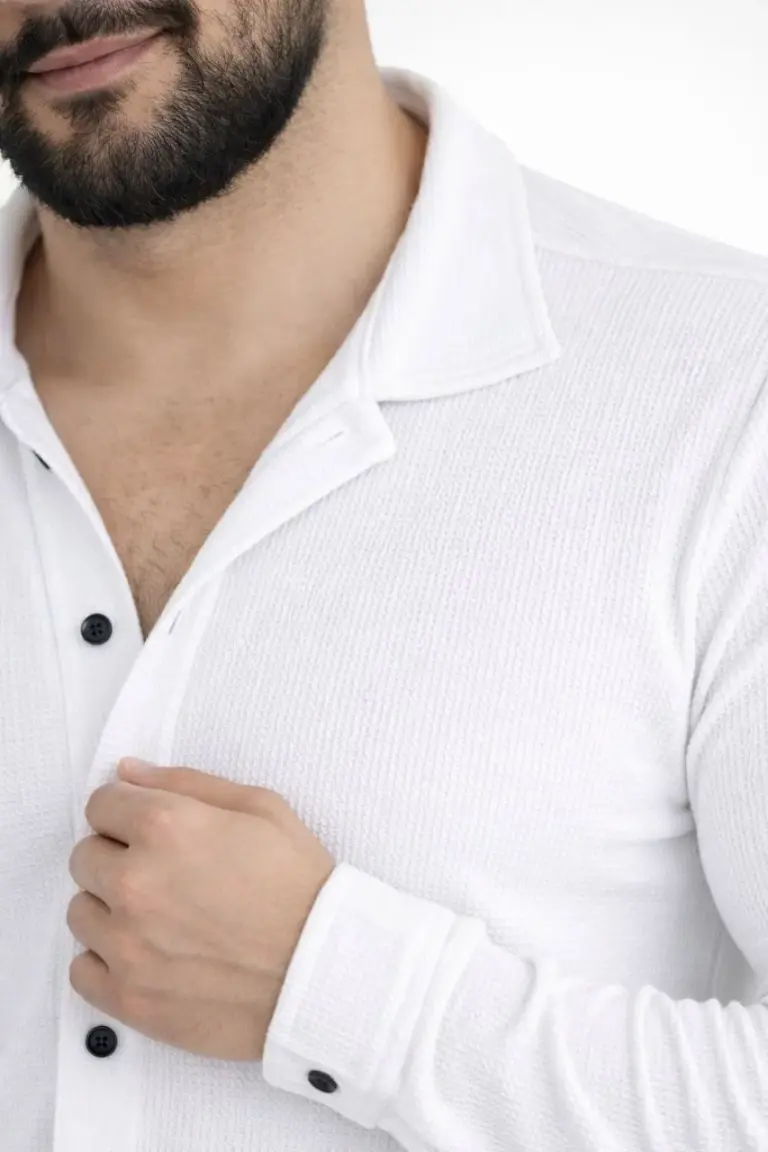 Waffle Kumaş Uzun Kollu Düğmeli Açık Yaka Regular Fit Gömlek - Beyaz