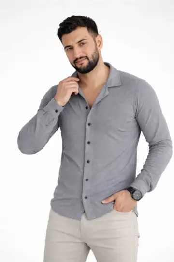 Waffle Kumaş Uzun Kollu Düğmeli Açık Yaka Regular Fit Gömlek - Füme