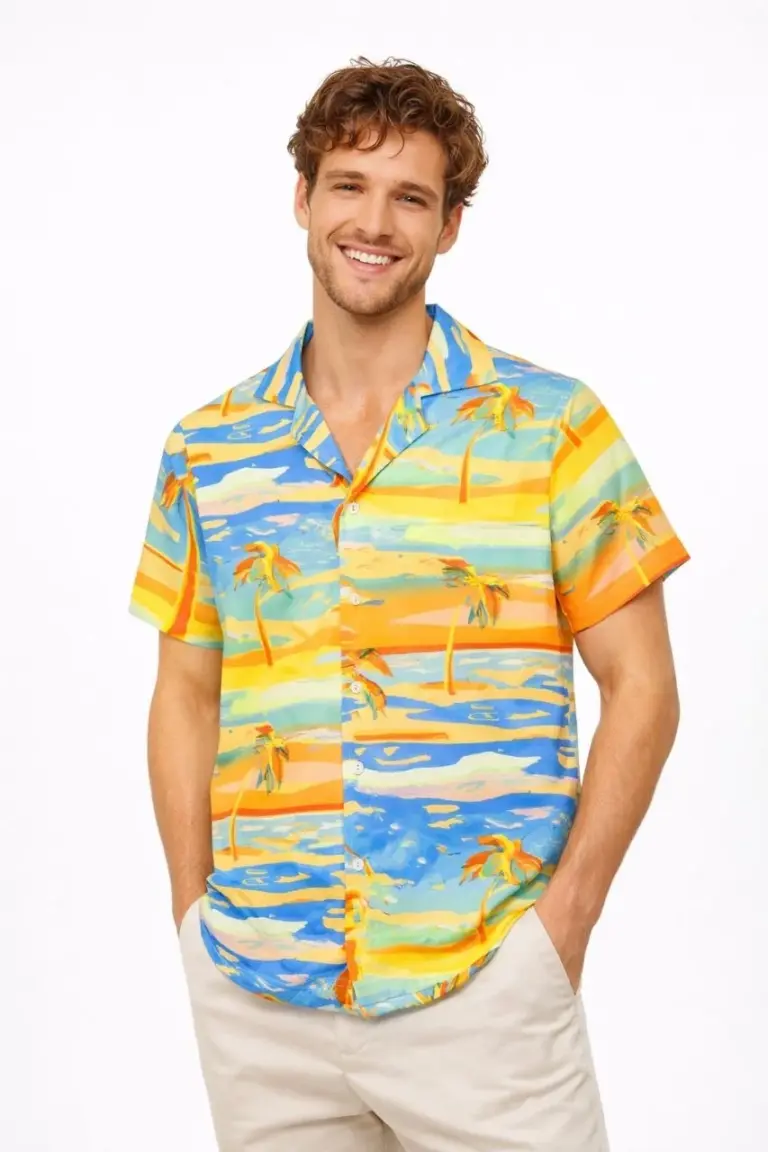 Tropikal Palmiye Desenli Kısa Kol Gömlek Yazlık Beach Tarz Rahat Kalıp - Desenli