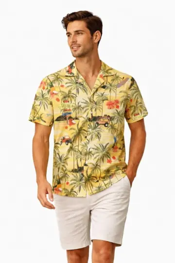 Tropikal Palmiye Desenli Kısa Kol Gömlek Hawaii Tarz Yazlık Rahat Kalıp - Desenli