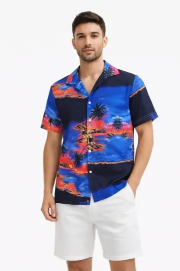Tropikal Ada Manzara Desenli Kısa Kol Gömlek Hawaii Tarz Yazlık Rahat Kalıp - Desenli