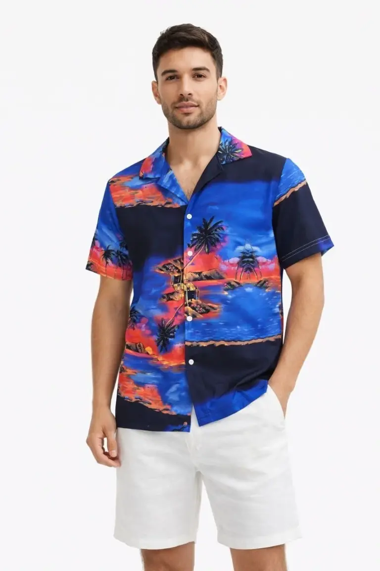 Tropikal Ada Manzara Desenli Kısa Kol Gömlek Hawaii Tarz Yazlık Rahat Kalıp - Desenli
