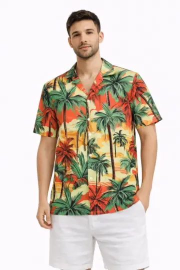 Hawaii Tarz Tropikal Palmiye Desenli Kısa Kol Gömlek Rahat Kalıp Yazlık - Desenli