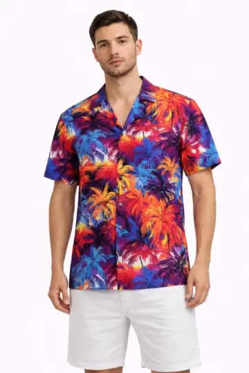 Tropikal Desenli Kısa Kol Gömlek Rahat Kalıp Yazlık Hawaii Tarz - Desenli