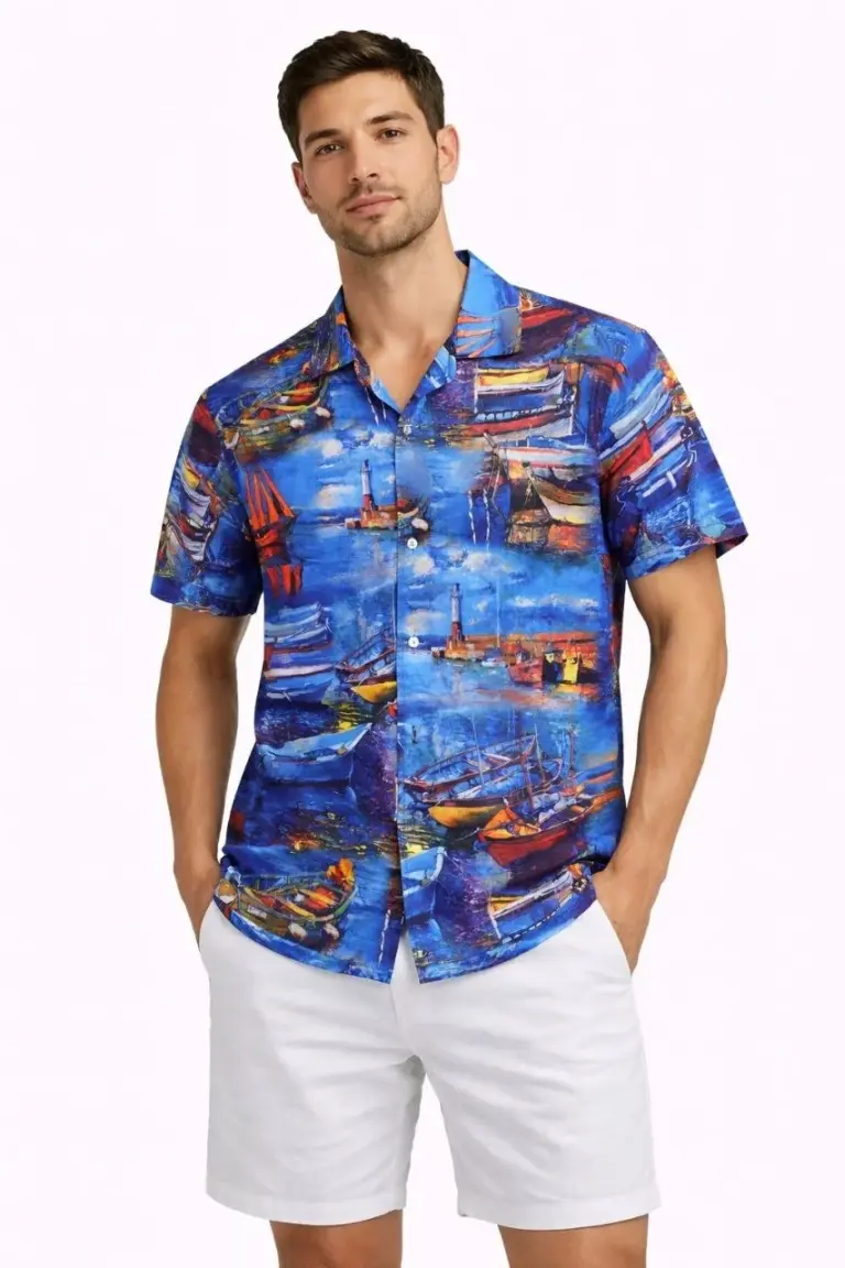 Marin Desenli Kısa Kol Gömlek Yazlık Rahat Kalıp Dijital Baskılı - Desenli