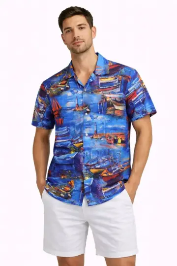 Marin Desenli Kısa Kol Gömlek Yazlık Rahat Kalıp Dijital Baskılı - Desenli