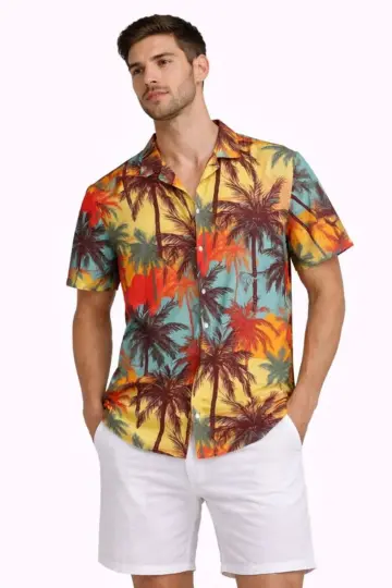 Tropikal Palmiye Desenli Kısa Kol Gömlek Yazlık Rahat Kalıp Dijital Baskılı - Desenli