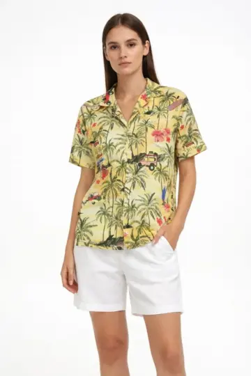Gün Batımı Tropikal Desenli Kısa Kol Gömlek Şort Takım Yazlık Rahat Kalıp - Desenli