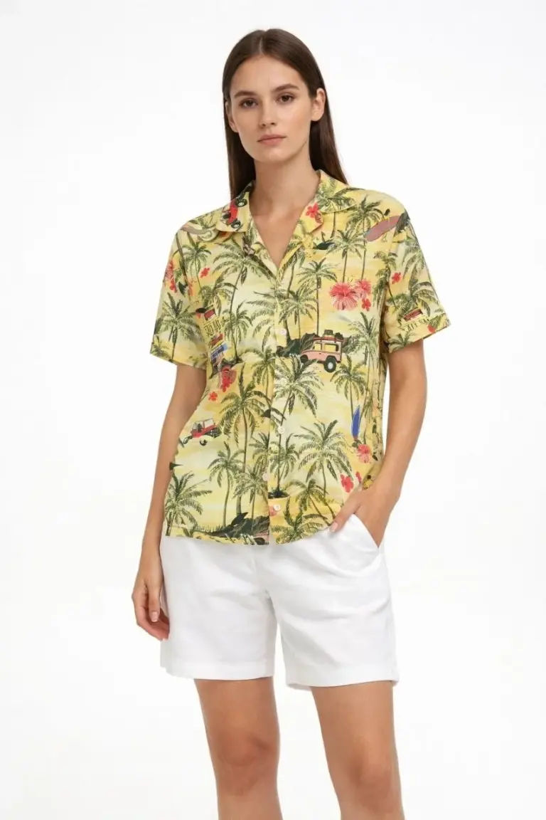 Gün Batımı Tropikal Desenli Kısa Kol Gömlek Şort Takım Yazlık Rahat Kalıp - Desenli
