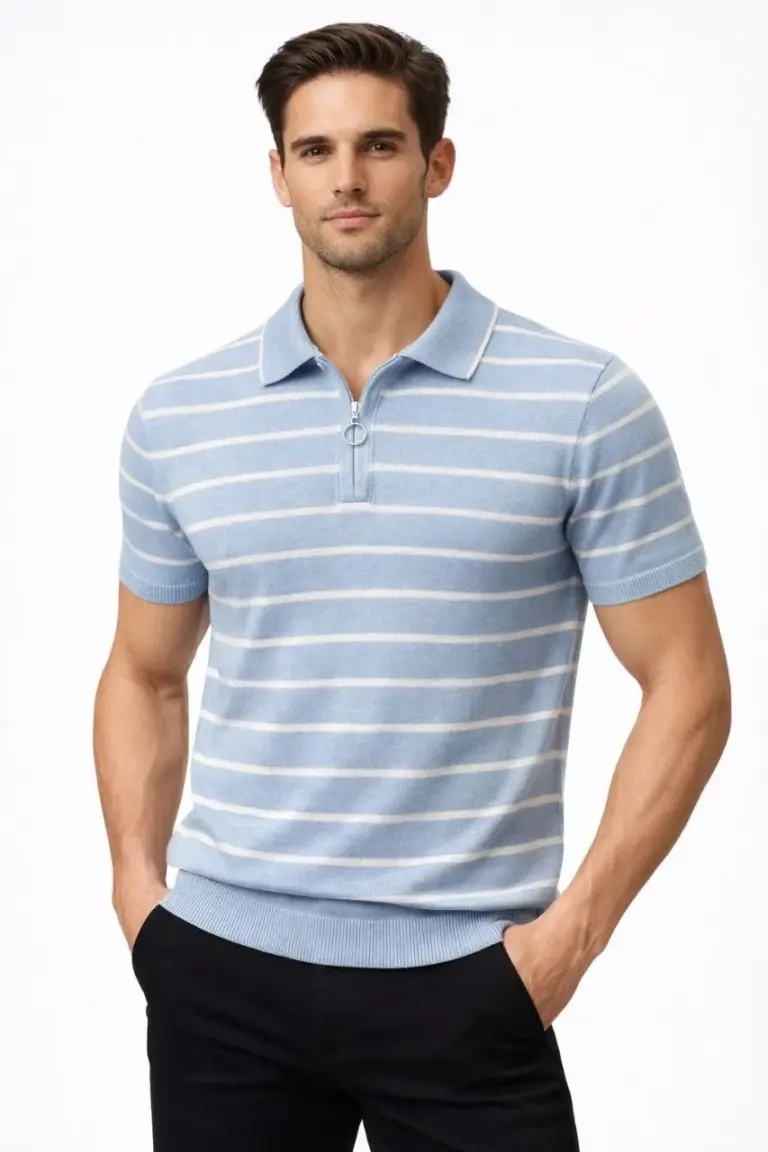 Triko Polo Yaka Fermuarlı Çizgili Tişört T-Shirt Yazlık Şık - Bebek Mavisi