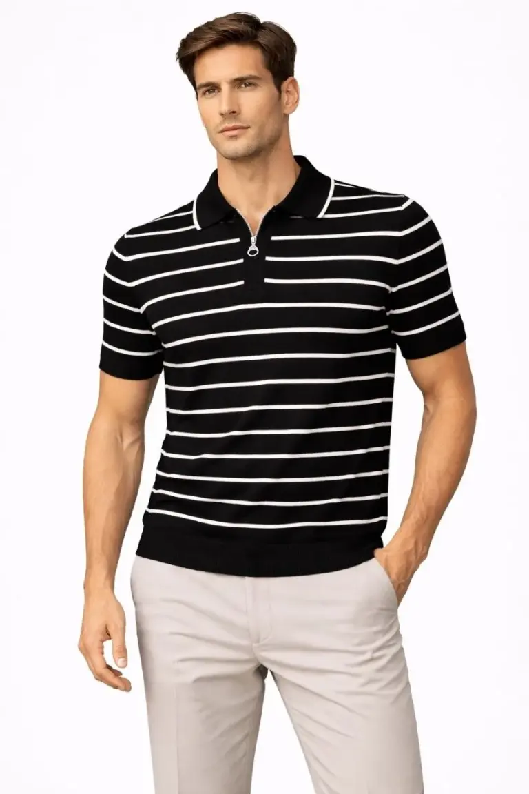 Triko Polo Yaka Fermuarlı Çizgili Tişört T-Shirt Yazlık Şık - Siyah