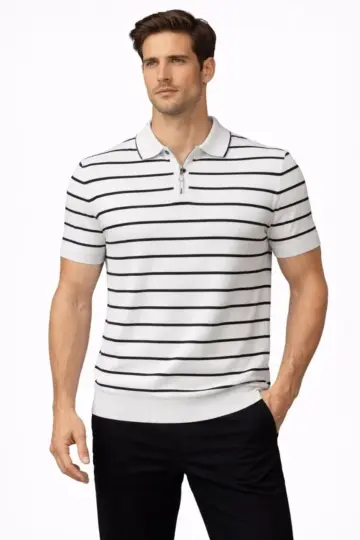 Triko Polo Yaka Fermuarlı Çizgili Tişört T-Shirt Yazlık Şık - Beyaz