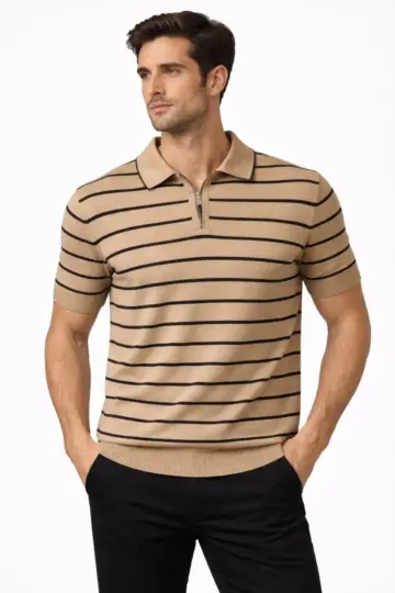 Triko Polo Yaka Fermuarlı Çizgili Tişört T-Shirt Yazlık Şık - Kahverengi