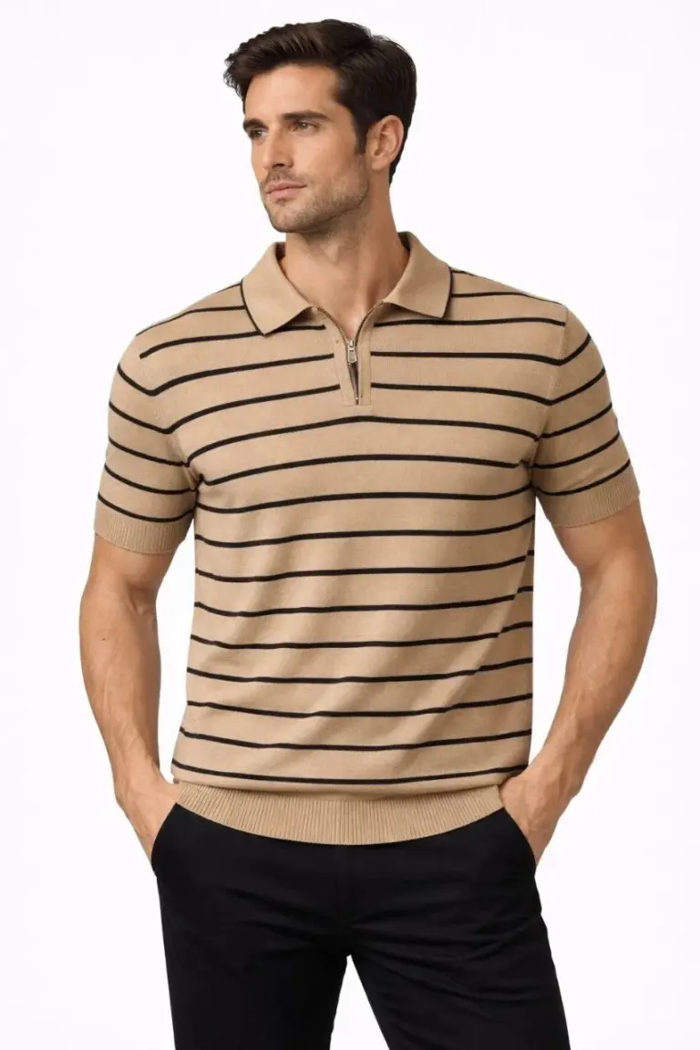 Triko Polo Yaka Fermuarlı Çizgili Tişört T-Shirt Yazlık Şık - Kahverengi