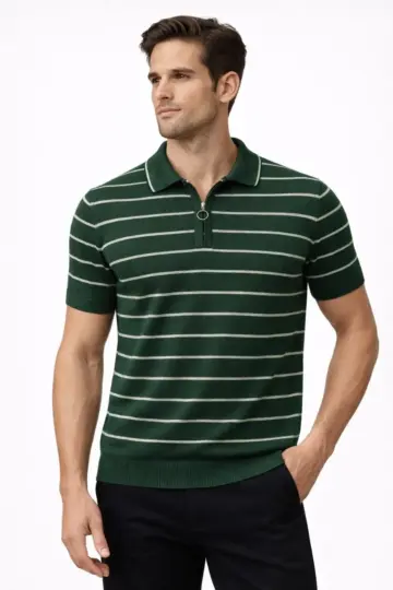 Triko Polo Yaka Fermuarlı Çizgili Tişört T-Shirt Yazlık Şık - Yeşil
