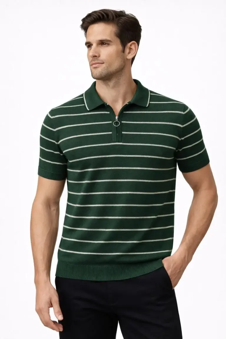 Triko Polo Yaka Fermuarlı Çizgili Tişört T-Shirt Yazlık Şık - Yeşil