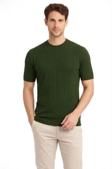 Yazlık Fitilli Triko Tişört Kısa Kol Bisiklet Yaka T-Shirt - Haki