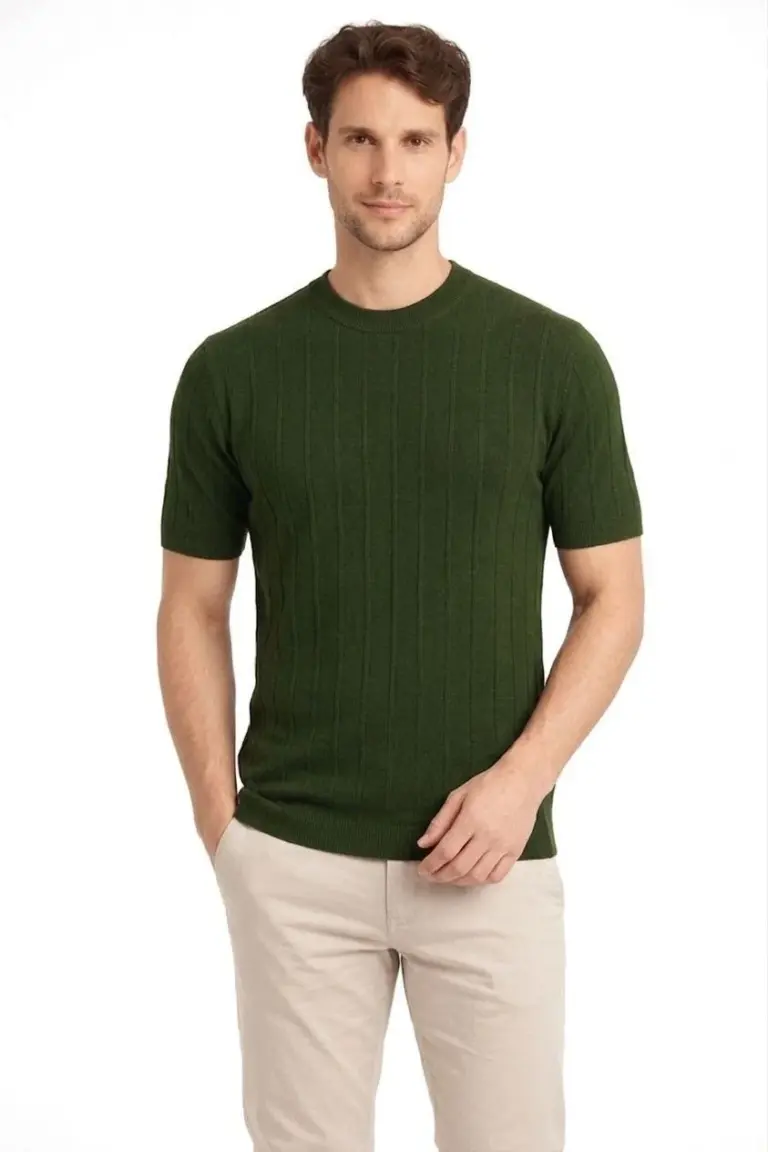 Yazlık Fitilli Triko Tişört Kısa Kol Bisiklet Yaka T-Shirt - Haki