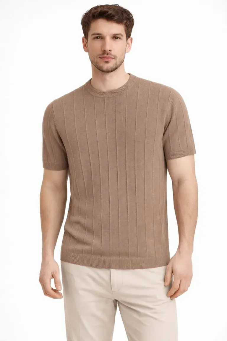 Yazlık Fitilli Triko Tişört Kısa Kol Bisiklet Yaka T-Shirt - Kahverengi