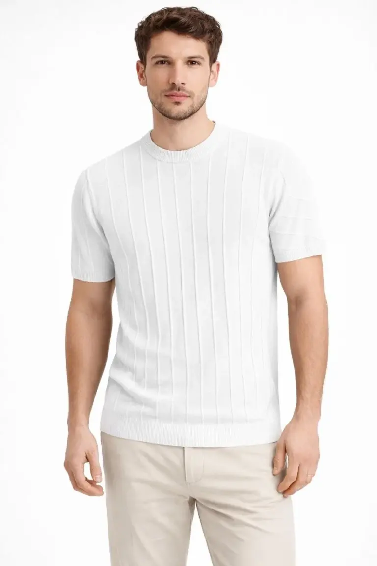 Yazlık Fitilli Triko Tişört Kısa Kol Bisiklet Yaka T-Shirt - Beyaz