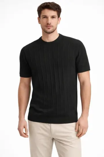 Yazlık Fitilli Triko Tişört Kısa Kol Bisiklet Yaka T-Shirt - Siyah