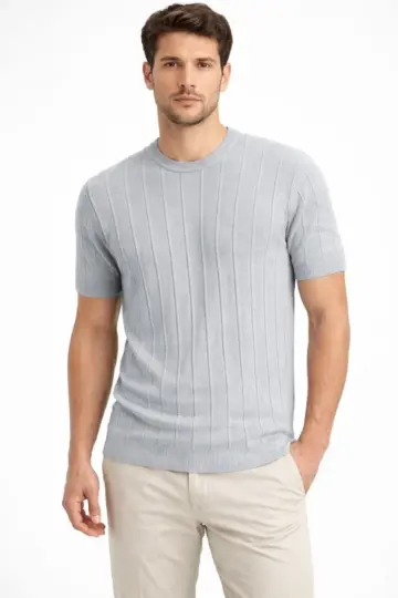 Yazlık Fitilli Triko Tişört Kısa Kol Bisiklet Yaka T-Shirt - Gri